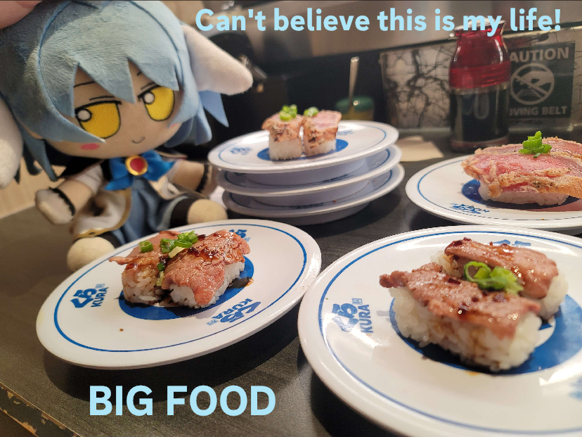 Mint from Galaxy Angel expresses gratitude for an amazing life that features Big Food such as revolving sushi.