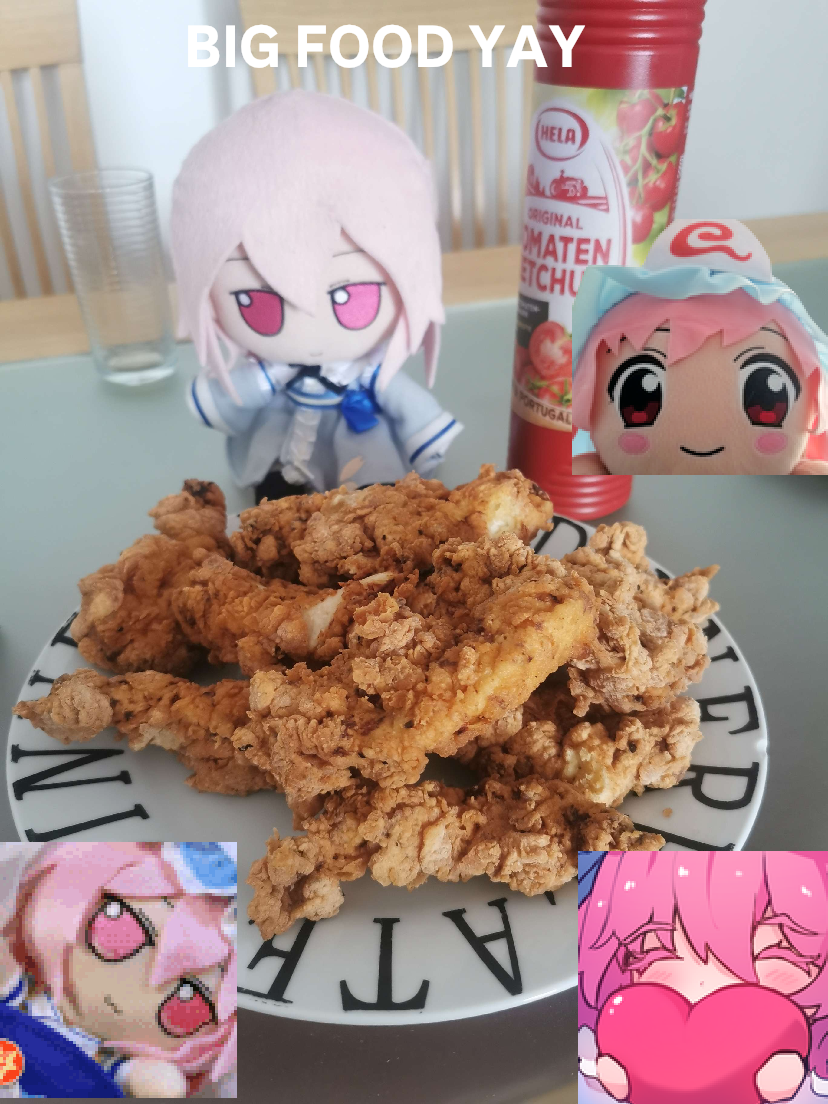 A yuyuko fumo who is about to dig into some fried chicken encounters several other yuyukos, all excited about 'Big Food'.